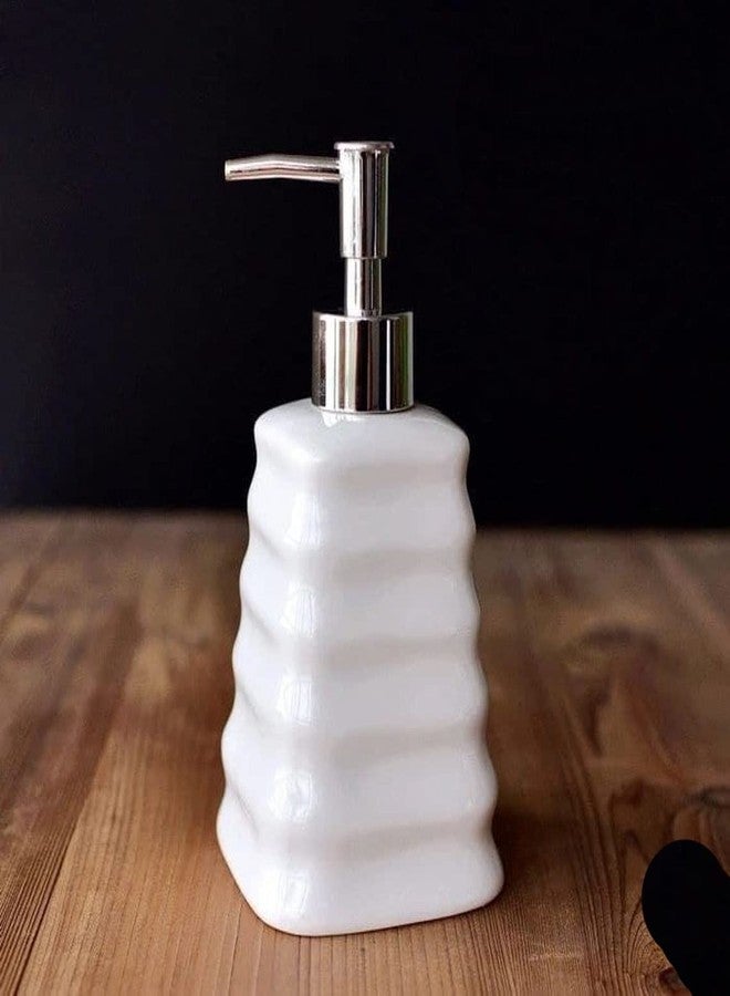 Whizzo Ceramic Round Strip Design Liquid Soap, Shampoo, Conditioner, Shower Gel Dispenser (White, 400ML) - Image 1